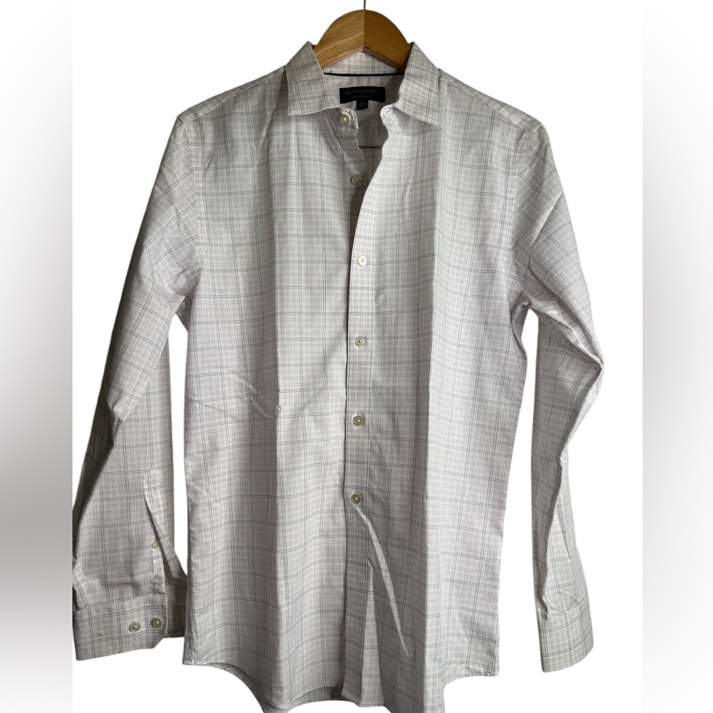 Banana Republic Men’s Subtle Plaid Dress Shirt – White with Black & Plum Stripe